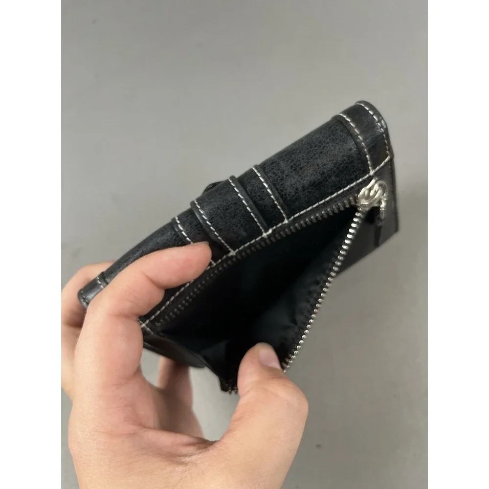 Vintage Isabella Fiore Black Leather Wallet Y2K Silver Buckle Trifold